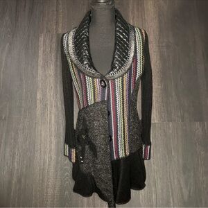 Liquid by Sioni Striped Knit Cardigan with Faux Leather Collar – Size Small